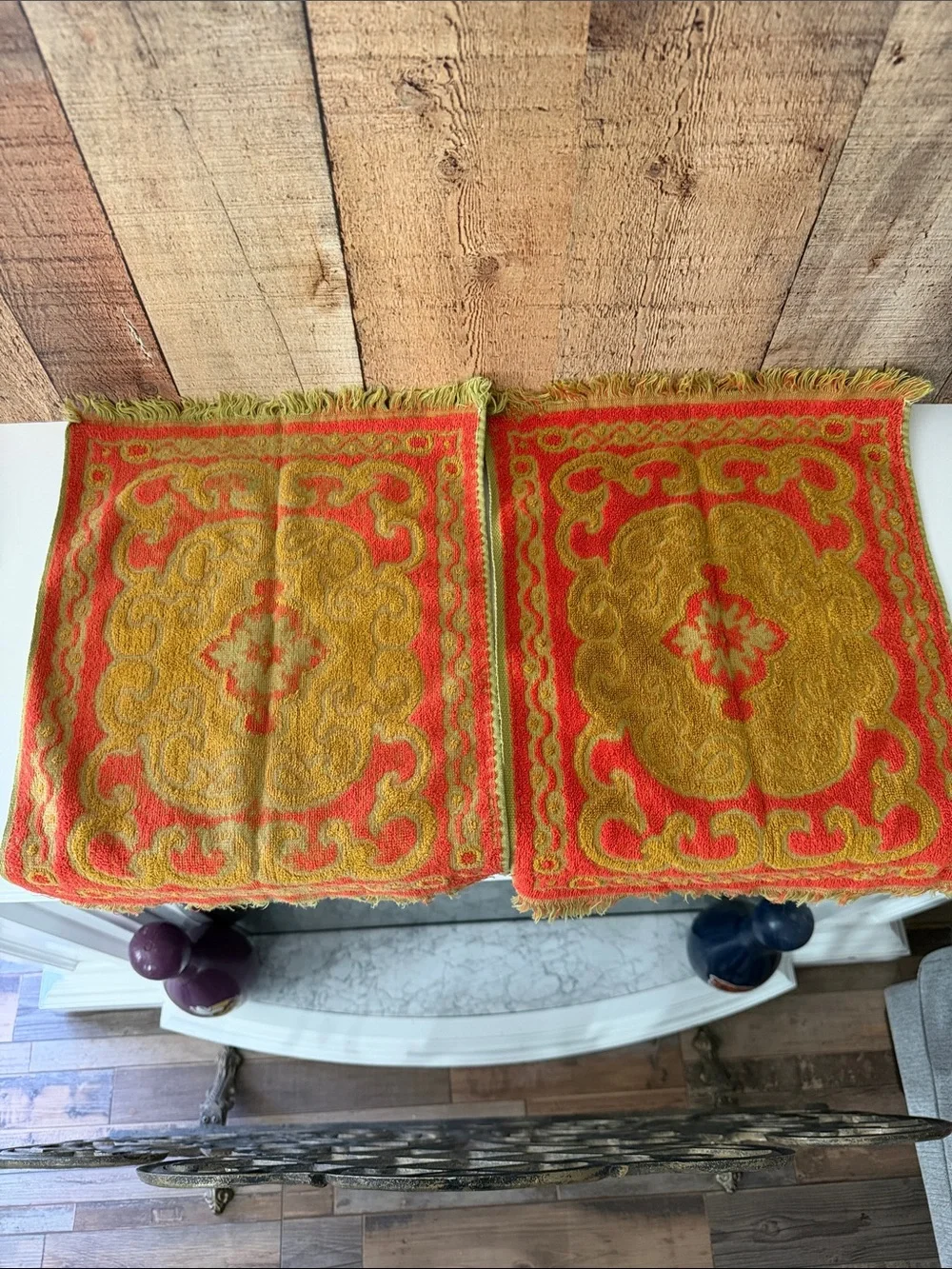Vintage MCM Ornate Small Hand Towels in Olive Green, Orange and Mustard